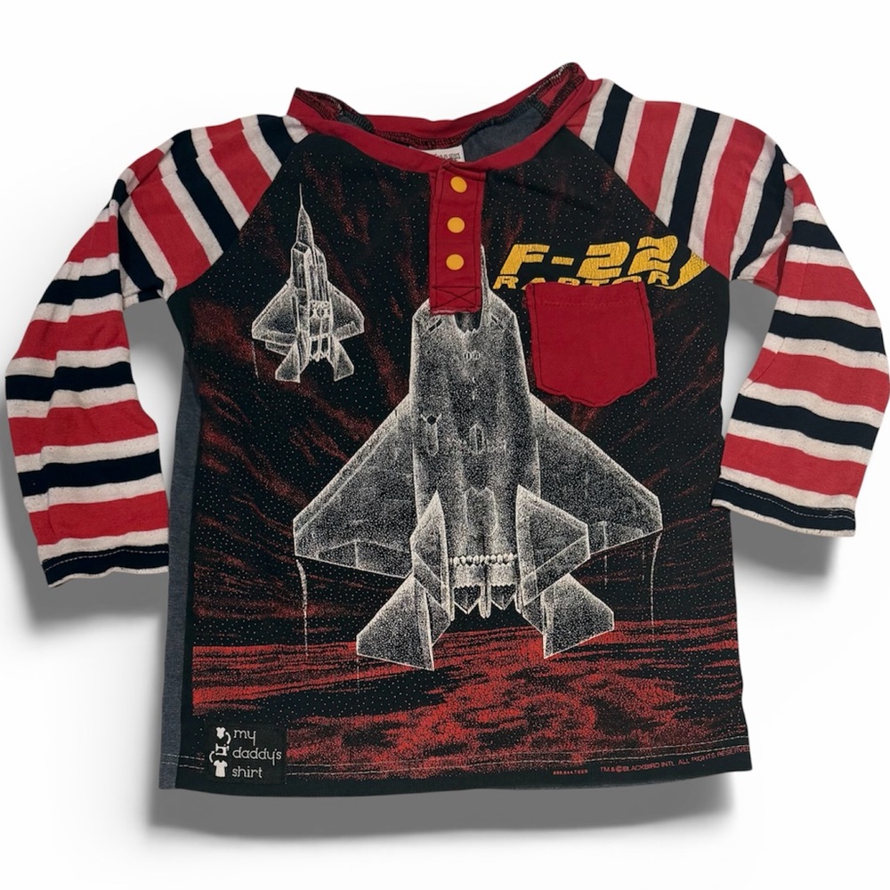 VGUC Kids Striped F22 Fighter Jet Airplane Shirt - Red, White & Blue (Size 8)